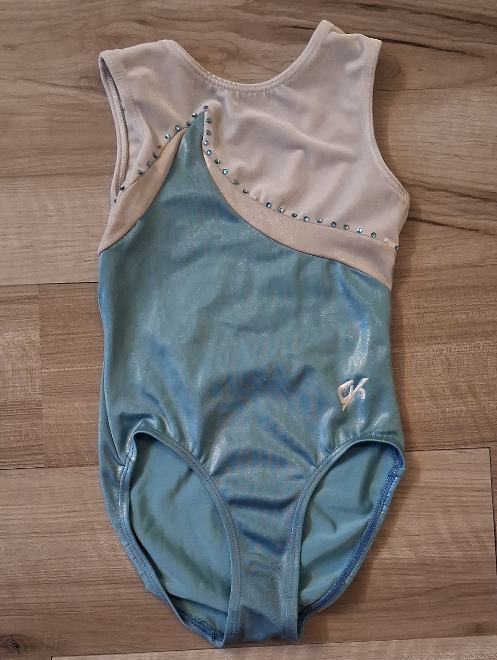GK Kids Shimmer Tank Gymnastics Leotard in Light Blue and Cream Child Large